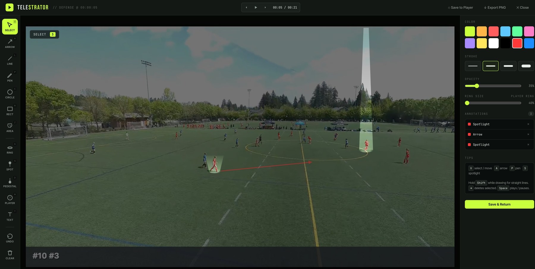 CoachClip telestrator — drawing tools and broadcast spotlight on a paused video frame